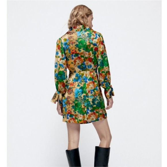 Zara Dresses Zara Floral Print Satin Effect Dress Multicolored Faux